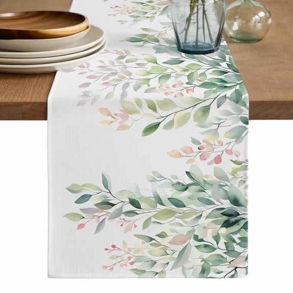 Green Botanical Table Runner, Pink Spring Floral Eucalyptus Leaves Washable Cotton Linen Table Runners 60 Inches Long, Dresser Scarf Runner for Coffee/TV Stands/Kitchen/Cabinets 13''x60''
