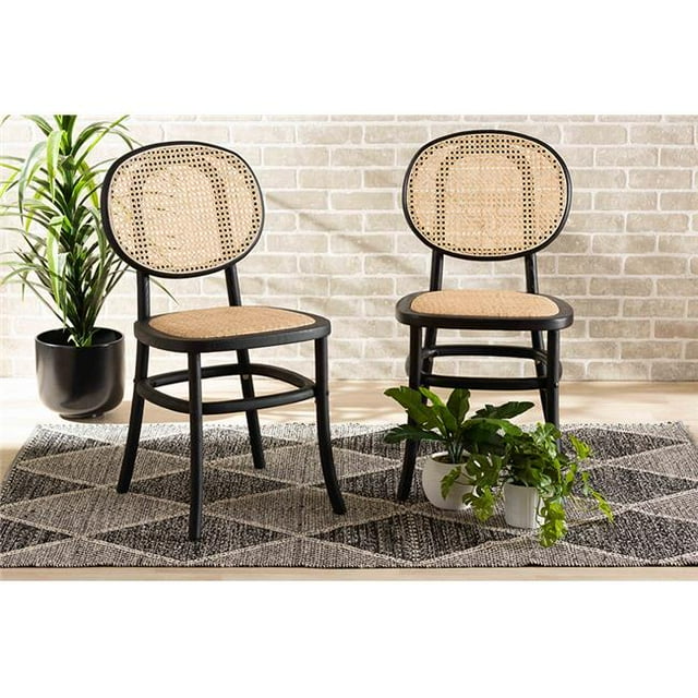 Baxton Studio C19-Black-Beechwood-Rattan-DC Garold Mid-Century Modern Brown Woven Rattan & Black Wood Cane Dining Chair Set - 2 Piece