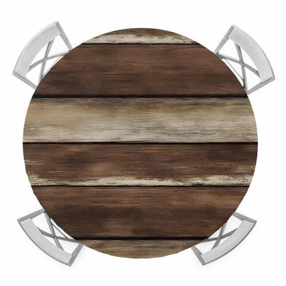 Brown Wooden Round Tablecloth for 45-54 Inch Tables, Fitted Table Cover with Elastic Edge, Vintage Farmhouse Retro Art Waterproof Outdoor Table Cloth Protector for Patio Garden Dinner Picnic