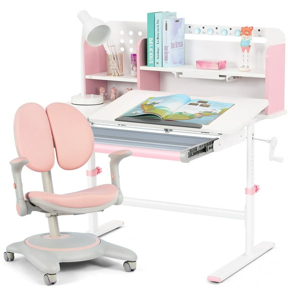 Ergonomic Height Adjustable Kids Study Desk and Chair Sets Children Drafting Table Computer Station Girls with Shelf,Drawer(Pink)
