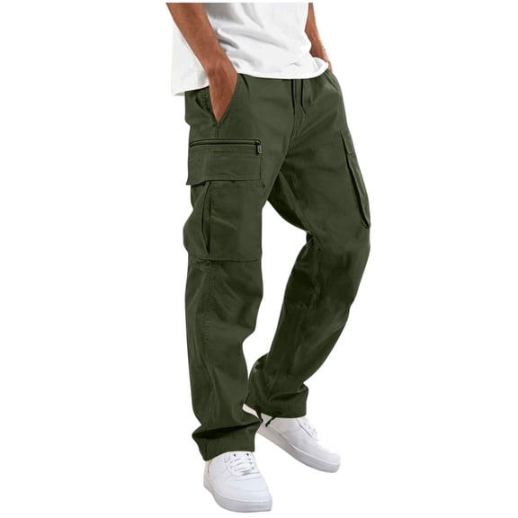 ZACPNCV Men's Cargo Pants Classic Work Pants with Zipper Pockets Drawstring Waist Loose Fit Straight Leg Trousers for Outdoor Hiking, Casual Wear Olive Green