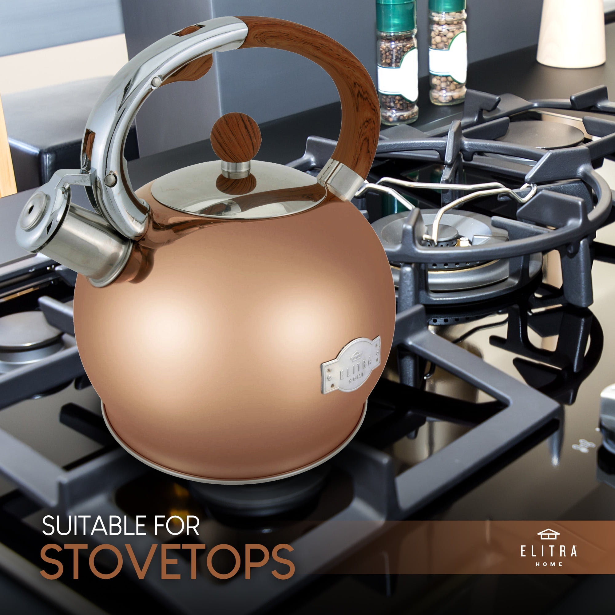 ELITRA HOME Stove Top Whistling Fancy Tea Kettle - Stainless Steel Tea Pot  with Ergonomic Handle - 2.7 Quart / 2.6 Liter,Black