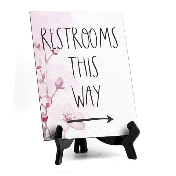 Signs ByLITA Restrooms This Way (Right Arrow) Table Sign with Easel, Floral Vine Design (6 x 8")