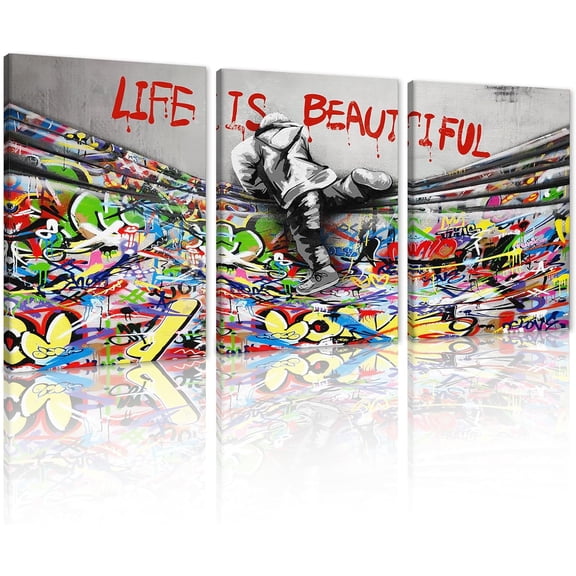 Hieng Canvas Wall Art Behind the Curtain Poster Classic Street Art Banksy Graffiti Artwork for Living Room Bedroom（Only canvas）