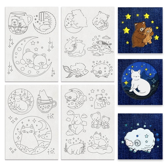 1 Set 4 Sheets 11.6x8.2 Inch Stick and Stitch Embroidery Patterns Non-woven Fabrics Water Soluble Embroidery Stabilizers Animals 297x210mmm DIY