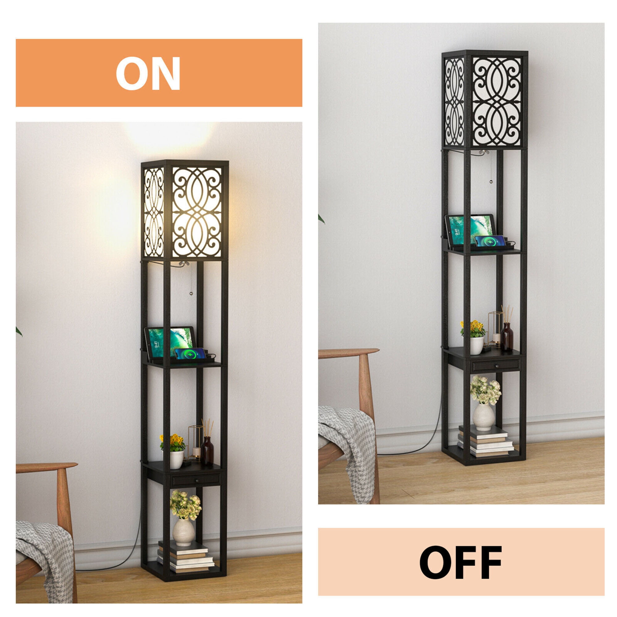 Gymax Modern Standing Shelf Floor Lamp w/ 1 Power Outlet and 2 USB Ports for Living Room