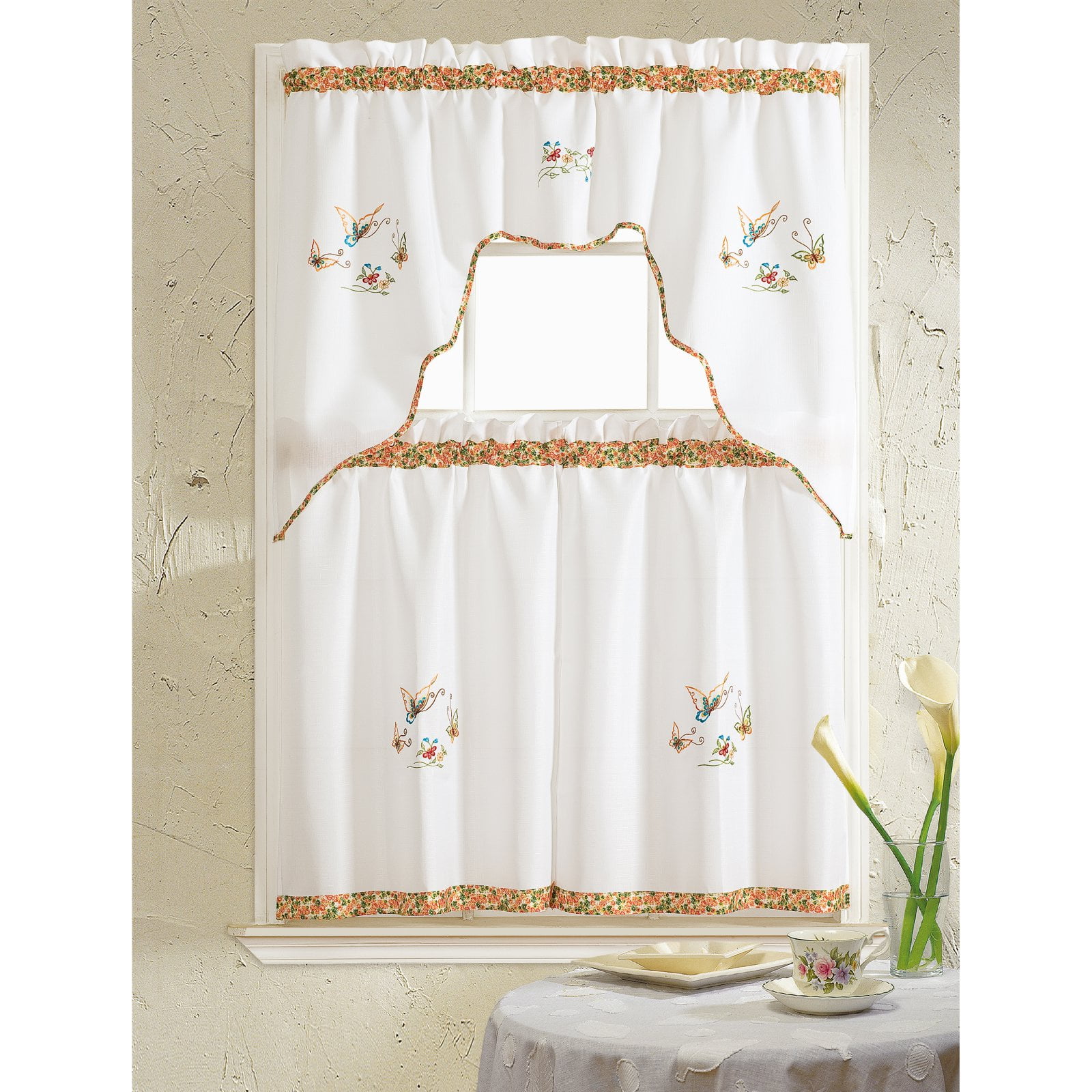 Grand Butterfly Embroidered Tier and Swag Kitchen Curtain Set