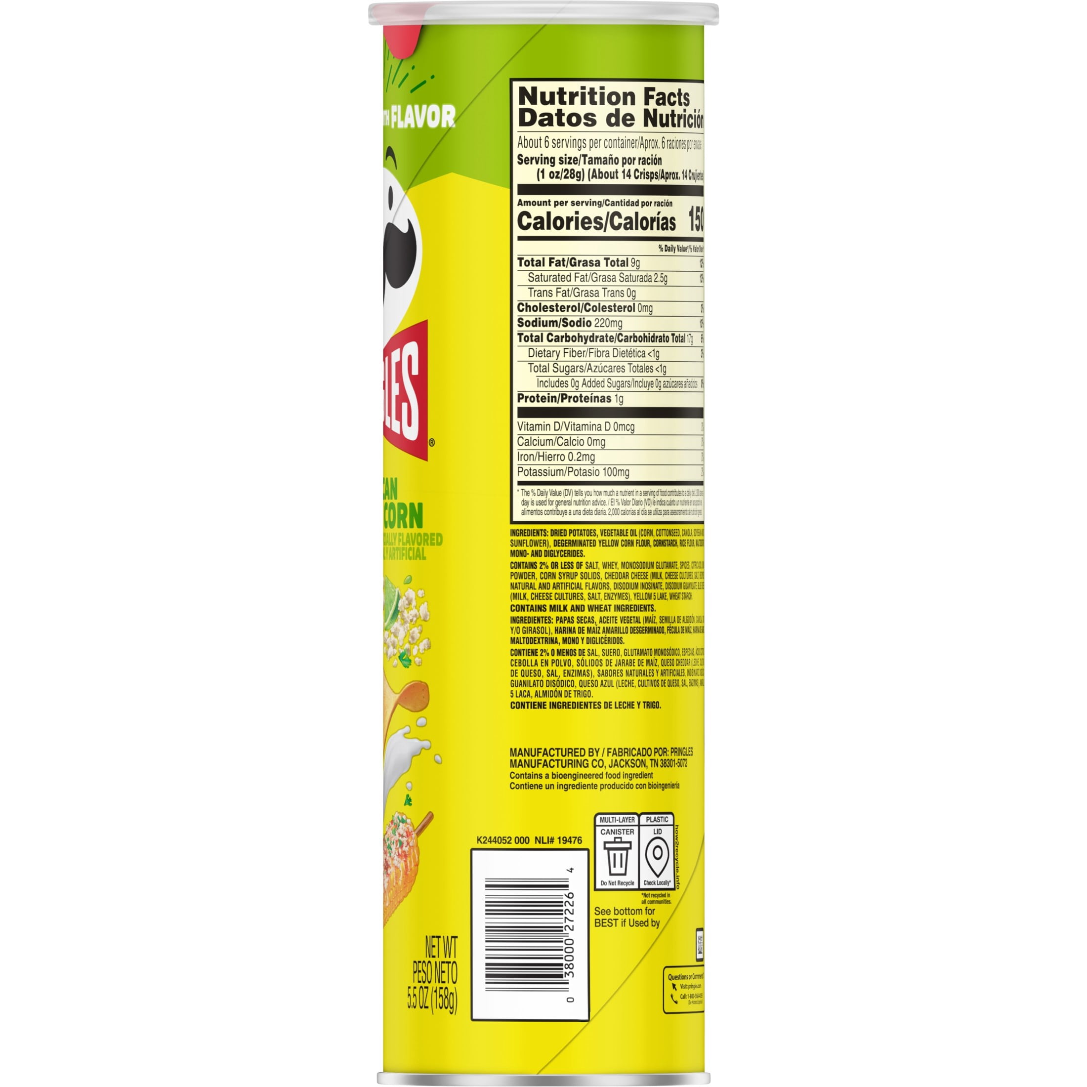 Pringles Elote Mexican Street Corn Potato Crisps Chips, Lunch Snacks, 5.5 oz Canister