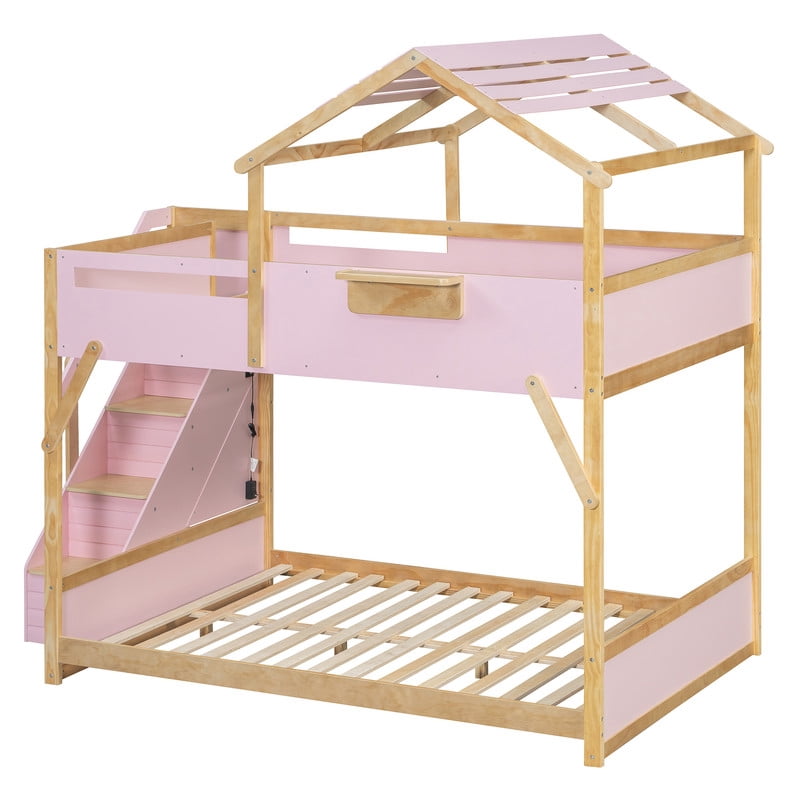 Full Over Full House Bunk Bed with Stairs, 3-Color LED Lights, Built-in Storage Panel, Wood House Bunk Bed Frame for Kids Teens, No Box Spring Needed
