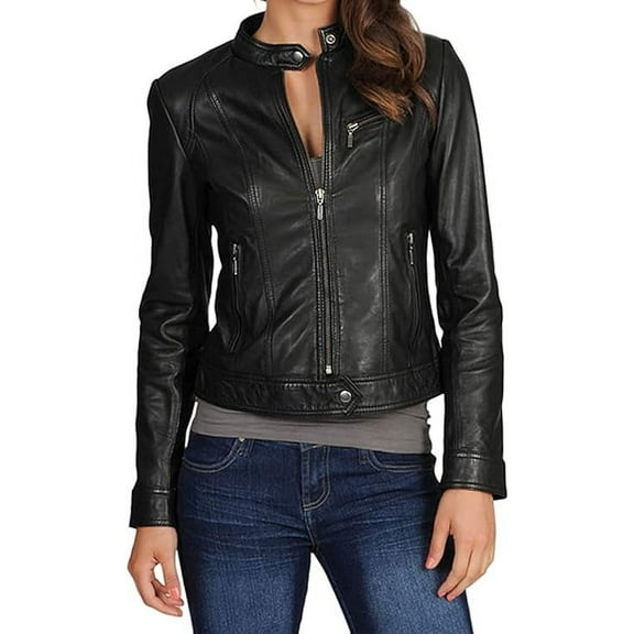 Celebrity Women's Lambskin Leather Jacket Motorcycle Slim Fit Biker W076