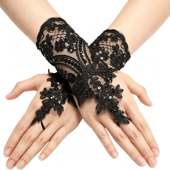XIBUFE Women Black Lace Gloves,Floral Sequins Fingerless Lace Gloves Elegant Fingerless Gloves for Women