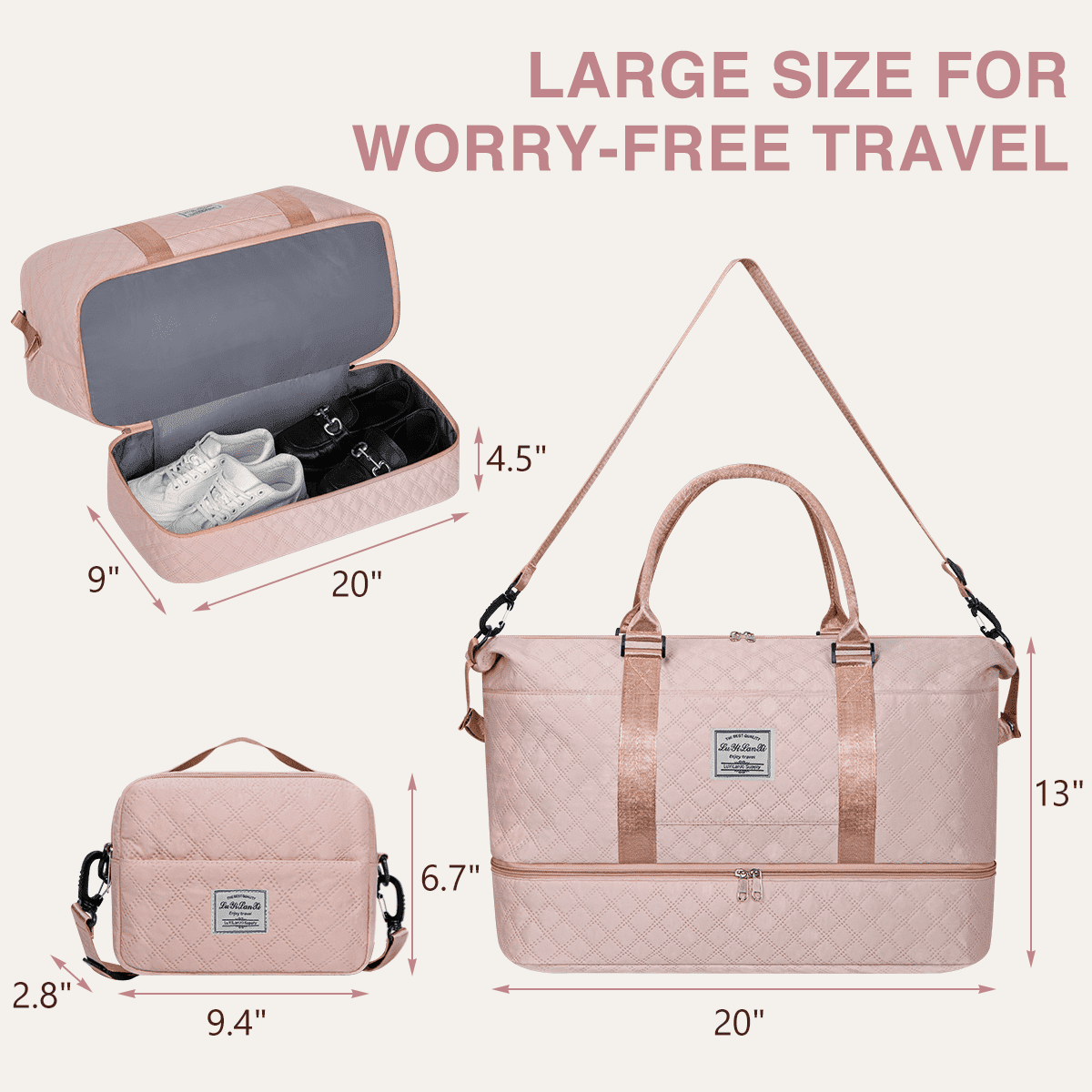 DAKOMM Weekender Overnight Bag for Women, Travel Duffel with Shoe & Wet Pockets, Includes Toiletry Bag, Ideal as Hospital or Personal Item Bag, Pink