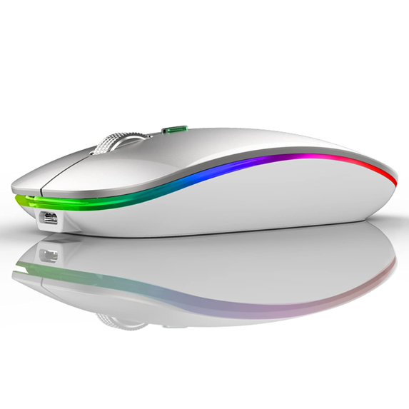LED Wireless Mouse, G12 Slim Rechargeable Wireless Silent Mouse, 2.4G Portable USB Optical Wireless Computer Mice with USB Receiver and Type C Adapter (Silver)