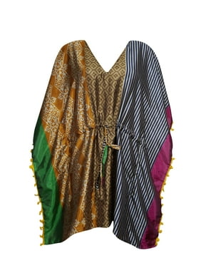 Mogul Women's Colorful Printed Caftan V-Neck Summer Style Beach Cover Up Pom Pom Tassel Tunic Kaftan Dress S/M/L