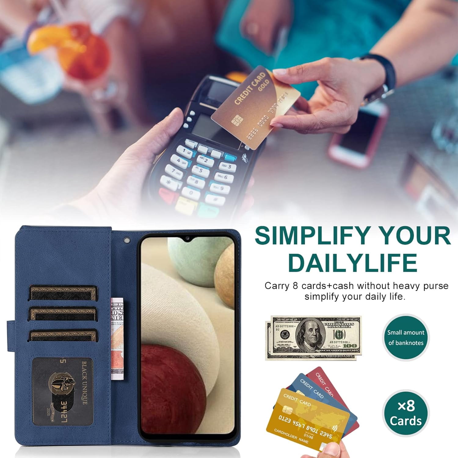 Compatible with Samsung Galaxy A12/M12 Wallet Case Tempered Glass Screen Protector Zipper Leather Flip Cover Card Holder Cell Phone Cases for Glaxay A 12 5G Gaxaly A-12 S12 12A 4G Women Men Blue