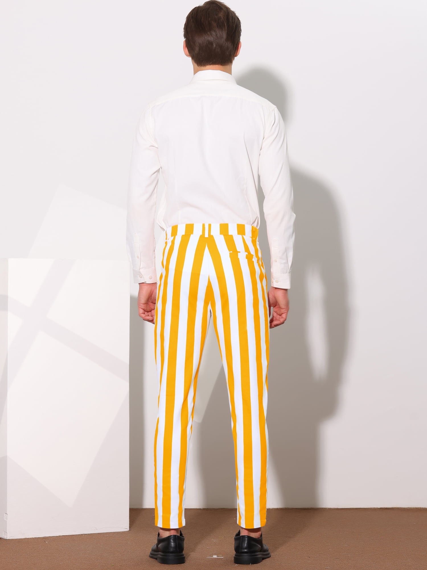 Unique Bargains Men's Striped Pants Business Skinny Fit Color Block Trousers 38 Yellow White