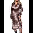 thumbnail image 1 of Vestido de Suéter A Rayas para Mujer, Otoño, de Punto Grueso, Cuello en V, Larga, Abertura, Holgado, Midi. Marrón M, 1 of 9