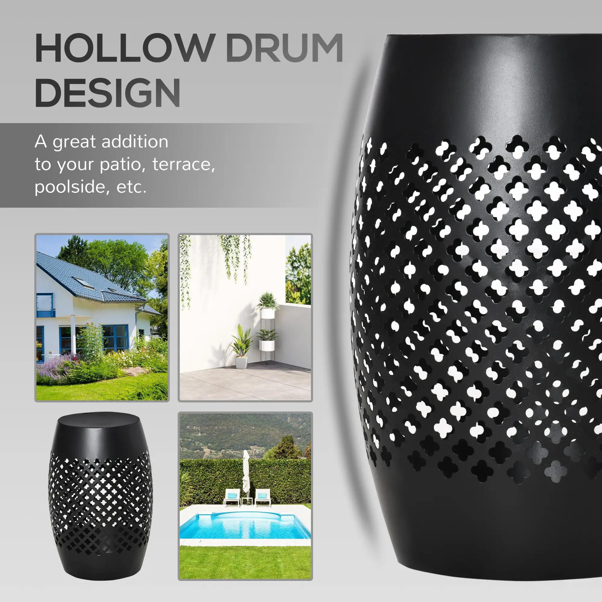 Resenkos Outdoor Side Table, Round Hollow Drum Patio End Table, Steel, Black