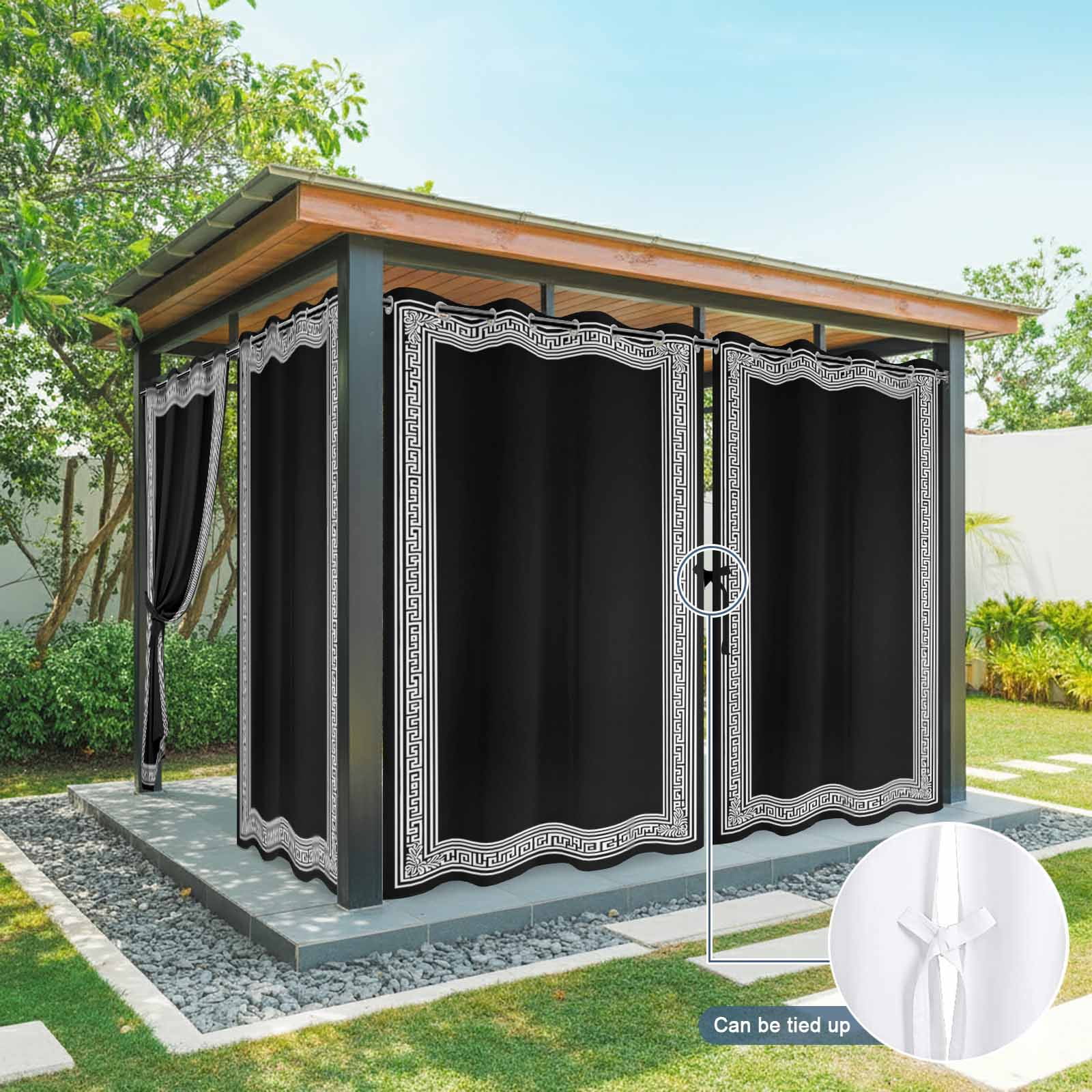 Black White Outdoor Curtains for Patio Waterproof, Geometric Greek Key Bordered Abstract Art Grommet Curtains for Porch Outside Privacy Drape for Gazebo Garden Pergola, 2 Panels, 54x84in