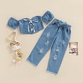 thumbnail image 4 of Gupgi Little Girl Denim Outfits, Off Shoulder Short Sleeve Lacing Crop Tops+Ripped Jeans, 4 of 10