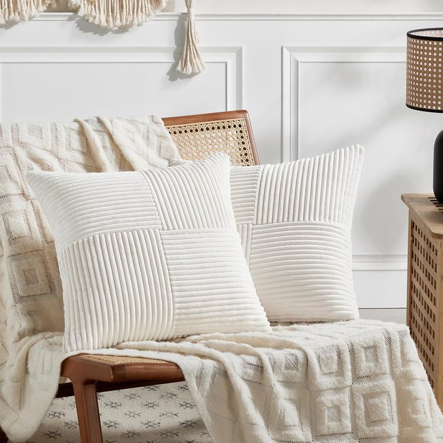 Fancy Homi 2 Packs Cream Lumbar Decorative Throw Pillow Covers 12x20 Inch for Living Room Couch Bed Sofa, Rustic Farmhouse Boho Home Decor, Soft Striped Corduroy Rectangle Accent Cushion Case 30x50 cm