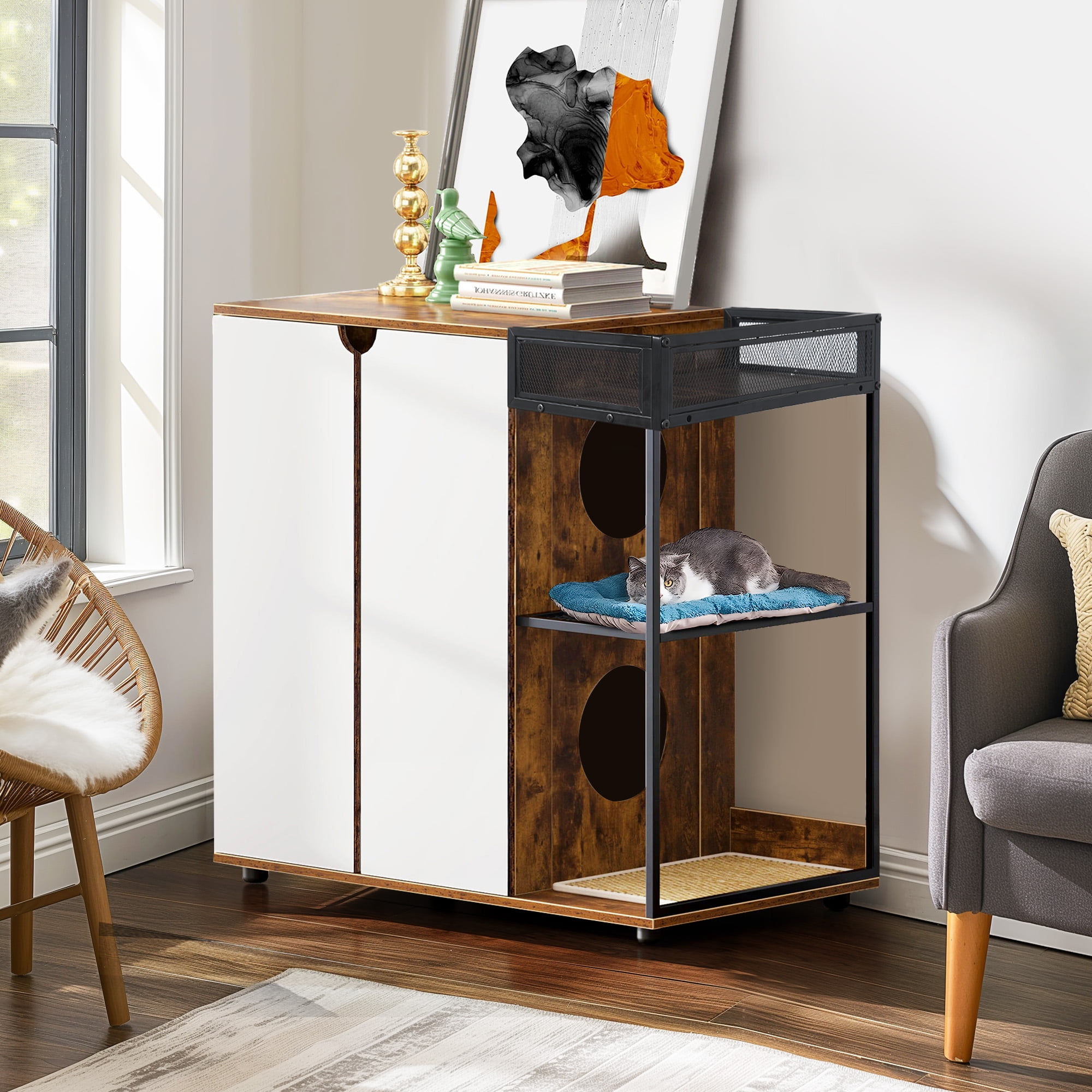 Litter Box Enclosure for 2 Cats, Rustic Brown Hidden Cat Litter Box Furniture Cabinet, Enclosed Cat Litter Boxes with Ventilation Side Openings