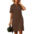 thumbnail image 2 of Summer Dress for Women with Pockets Cotton Linen V Neck Short Sleeve Casual Solid Color Midi Dress, 2 of 7