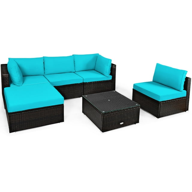 Patiojoy Ensemble de Meubles en Rotin pour Patio 6 Pcs Ensemble de Canapé Sectionnel d'Extérieur avec Table à Café et Ottoman Turquoise