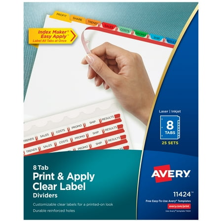 UPC: 0072782114244 | Avery 8 Tab Dividers for 3 Ring Binder  Easy Print & Apply Clear Label Strip  Index Maker Customizable Multicolor Tabs  25 Sets (11424)