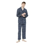GLOBAL Mens Yarn Cotton Pajama Set, Long Sleeve Button Down PJ Set for Men Plaid Mens Sleepwear, Sizes S-XXL