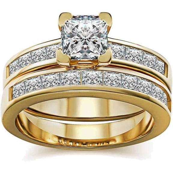 Dazzlingdaimonds Jewels 925 Sterling Silver 2.30 Ct Princess Cut Diamond Wedding Engagement Thanksgiving Christmas Bridal Ring Set 14K Yellow Gold Plated For Women's -5.5