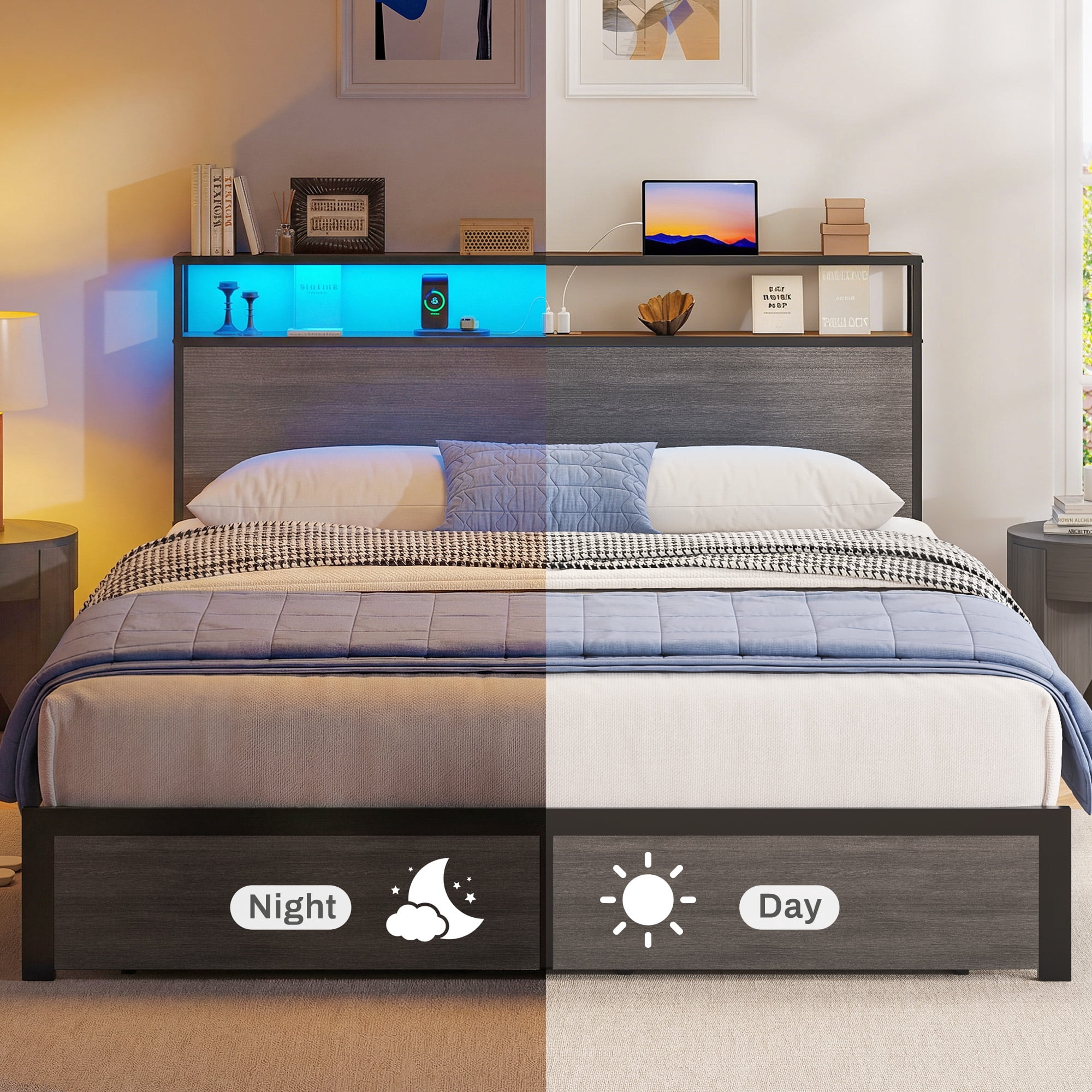 Lifezone Queen Bed Frame with 2-Tier Storage Headboard, Metal Bed Frame with Storage Drawers, Built-in Charging Station & LED Lights, Noise-Free, No Box Spring Needed, Easy Assembly, Rustic Grey