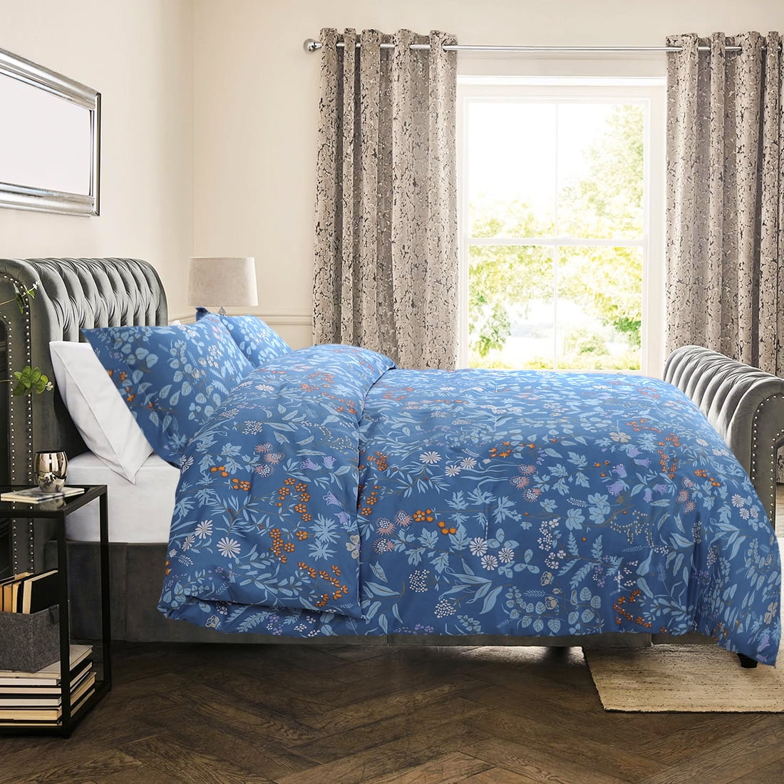 3Piece Floral Bedding Comforter and Sham Set Polyester Twin Blue