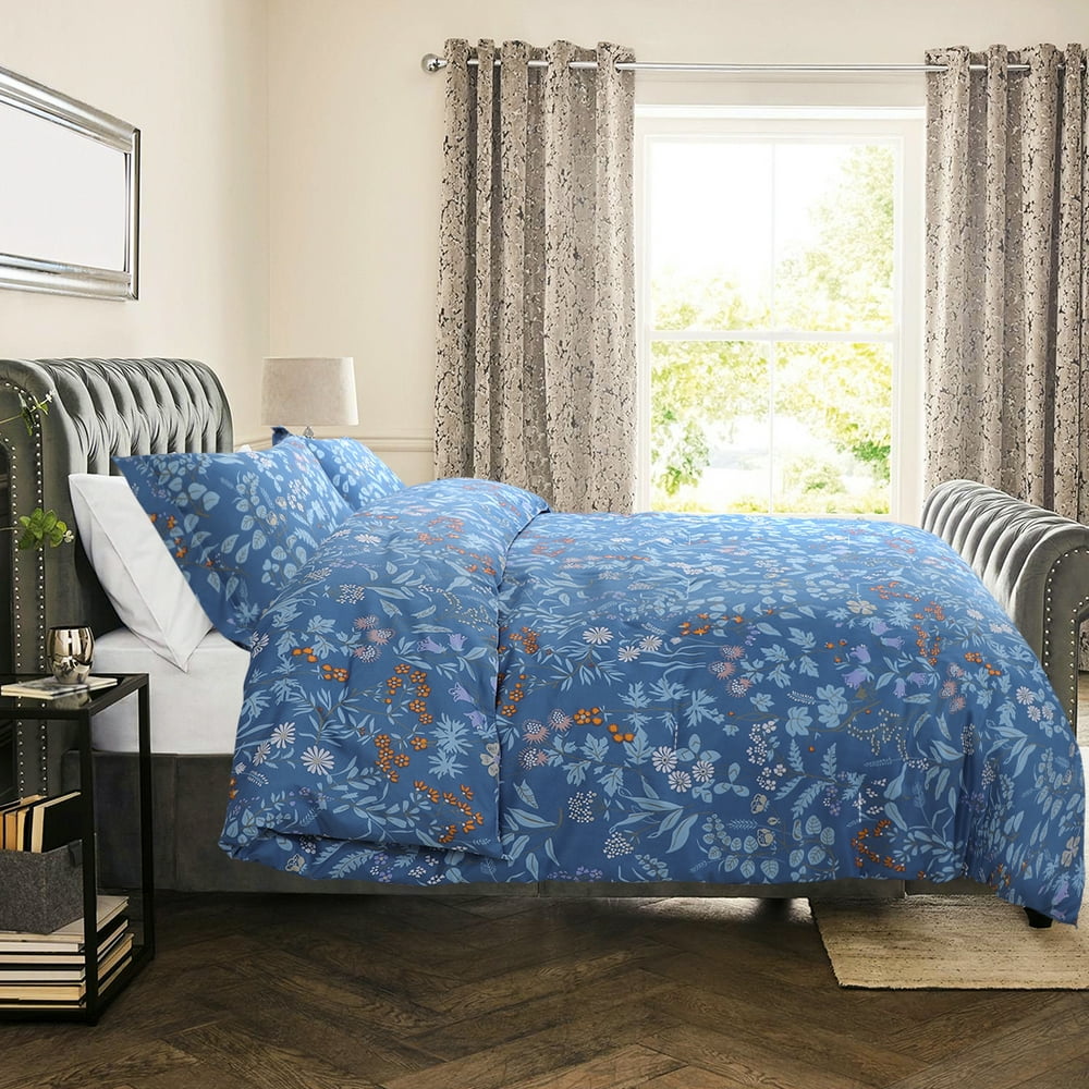 3Piece Floral Bedding Comforter and Sham Set Polyester Twin Blue