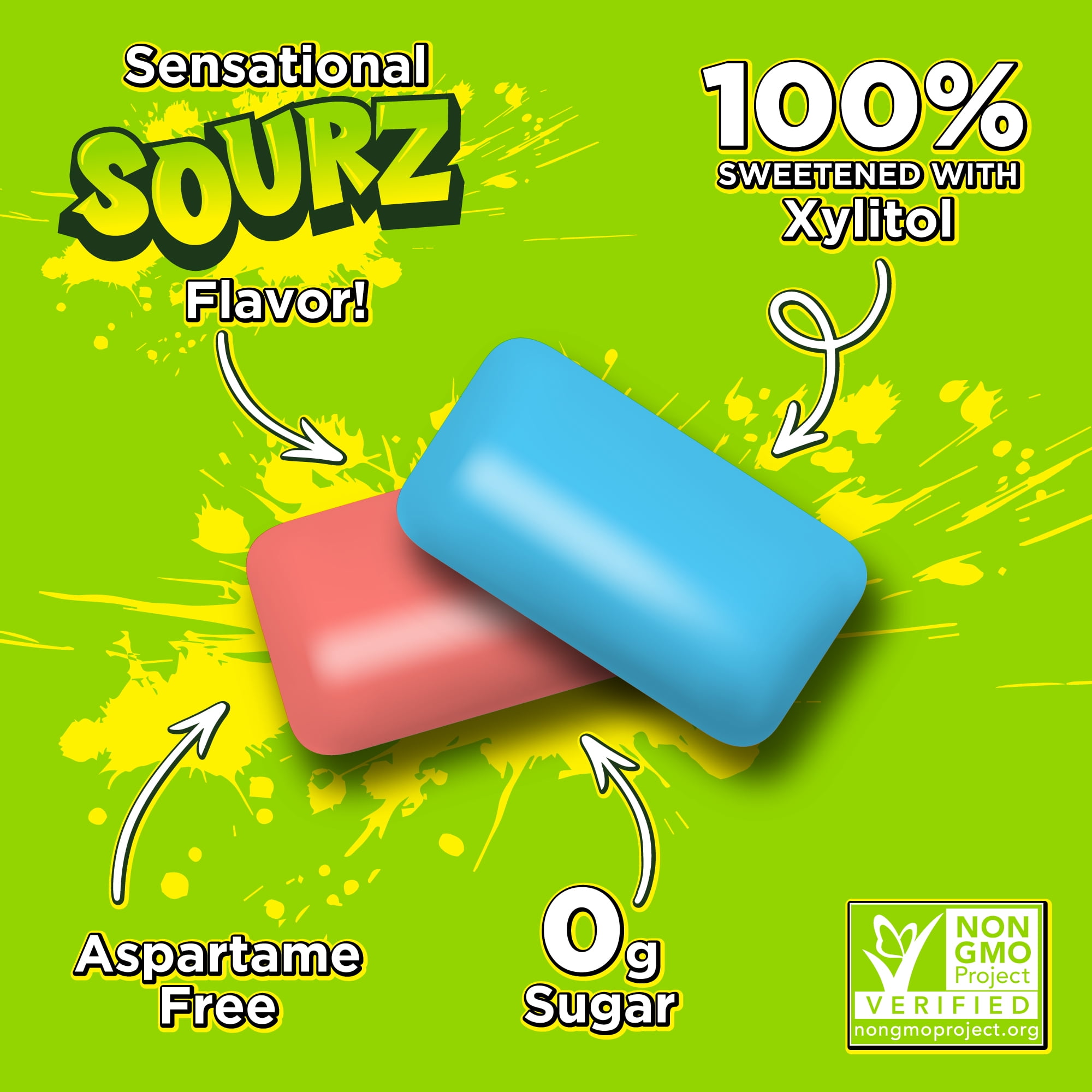 PUR Jumbo SOURZ Gum, Blue Raspberry, Watermelon, Aspartame Free, Sugar Free 100% Xylitol Chewing Gum, 20 Pieces, Pack of 10
