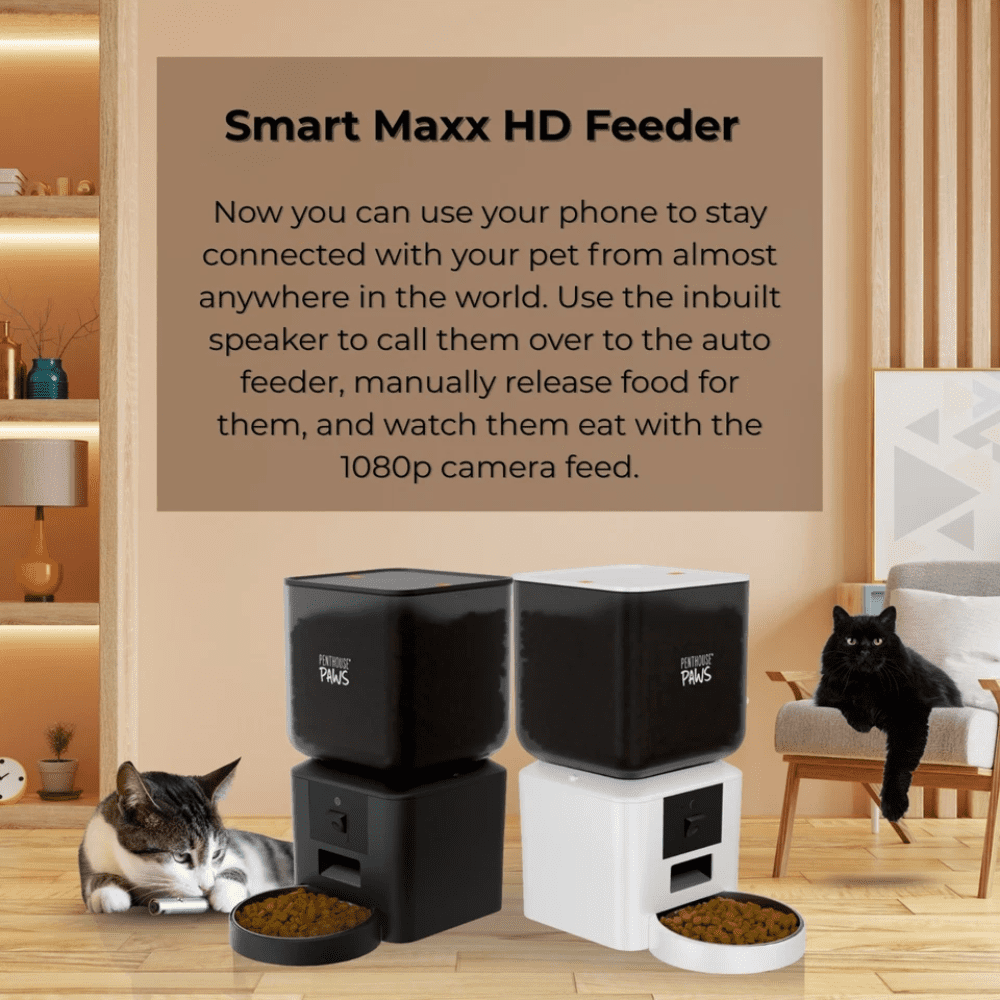 Penthouse Paws Smart Maxx HD Automatic Pet Food Feeder, 7L Capacity, 1080p Camera, WiFi App Control, 2-Way Audio, Anti-Jam Design, Backup Power, Stainless Steel Bowl, White, for Cat & Dog