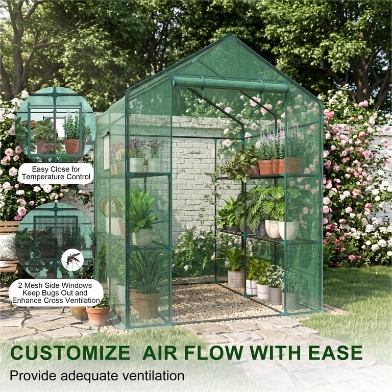 JIOABL 3-Tier Walk-In Greenhouse with PE Cover, Roll-Up Zipper