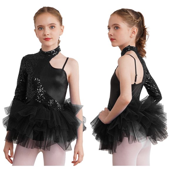 YiZYiF Kids Girls Sparkly Dance Leotards Tulle Skirts Sequins Ballet Tutu Dress Hip Hop Jazz Dance Costume 6-16 Years Black 8