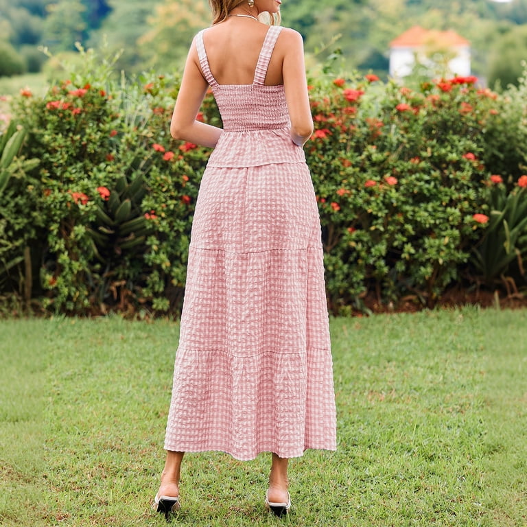 matching sets flowy dresses holiday clothing KDDYLITQ 2 Piece for Women Summer Plaid Sleeveless Ruffle Hem Tops Skirts Casual Outfits with Pockets Pink M memorialday