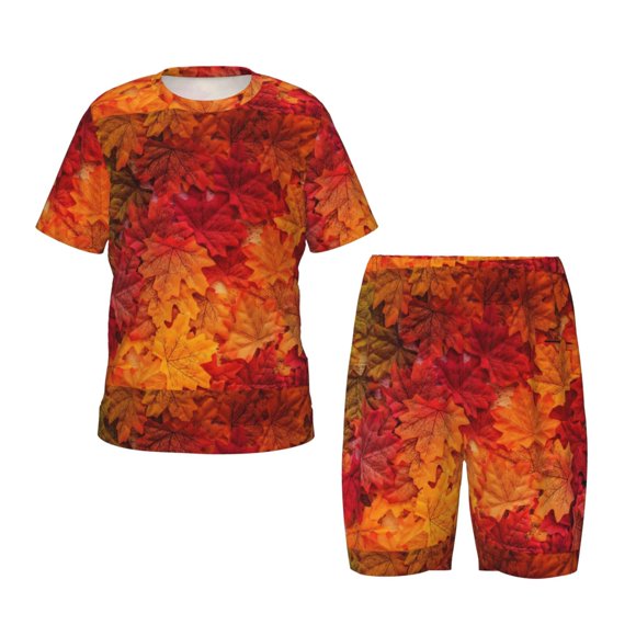 Balery Autumn Leaf Conjunto de Pijama Infantil de Manga Corta con Estampado – Ropa de Dormir de Algodón Suave-Large