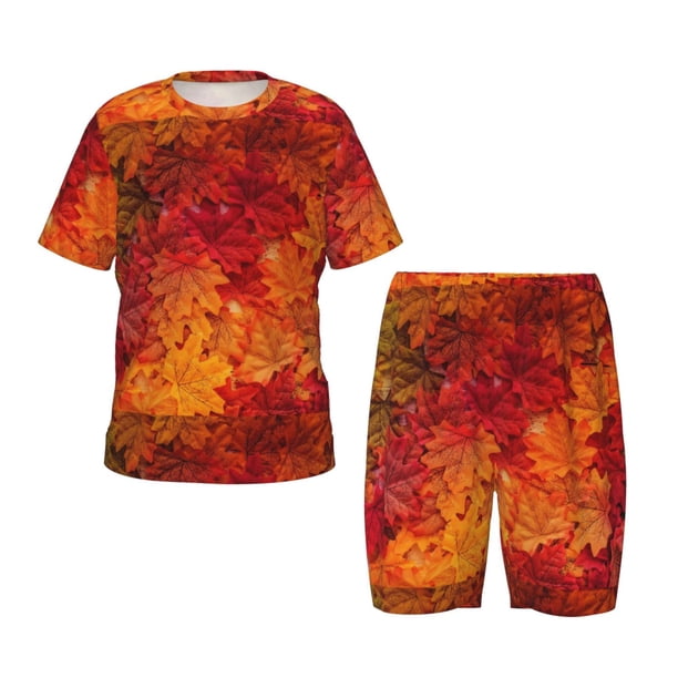 Balery Autumn Leaf Conjunto de Pijama Infantil de Manga Corta con Estampado – Ropa de Dormir de Algodón Suave-Large