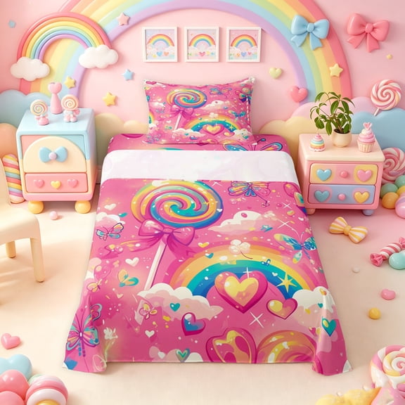 Manfei Cute Candy Lollipop Twin Sheets, Rainbow Butterfly Bedding, Hot Pink, 3pcs, 1 Flat Sheet, 1 Fitted Sheet and 1 Pillowcase