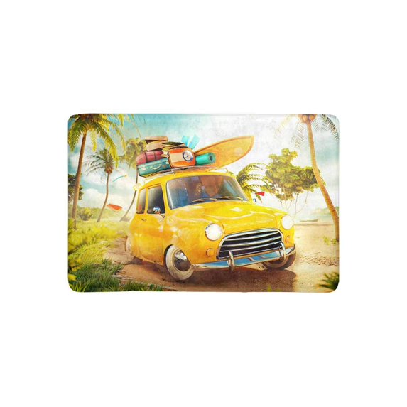 MKHERT Funny Retro Car with Surfboard and Suitcases On Tropical Beach and Palms Tree Doormat Rug Home Decor Floor Mat Bath Mat 23.6x15.7 inch