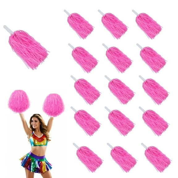 QZS Dueable Pink Plastic PomPoms,Sports Dance Cheer for Football Celebration,15Pack Dancing Party PomPoms with Baton Handle for Party