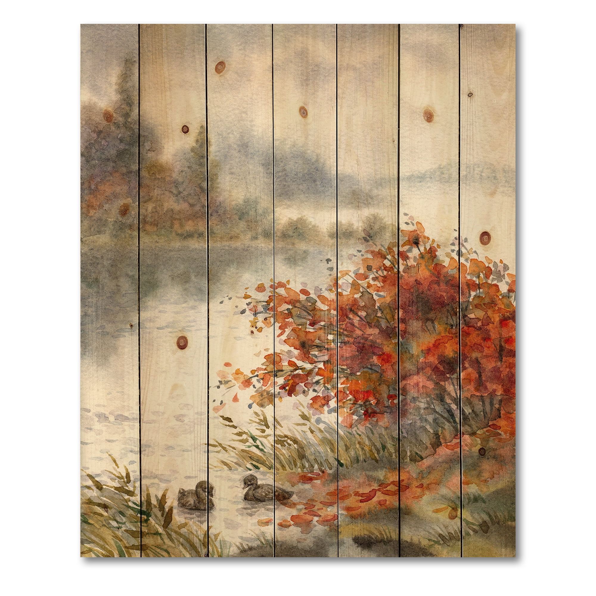 Designart 'View Of The Lake In Autumn Colored' Traditional Print on Natural Pine Wood