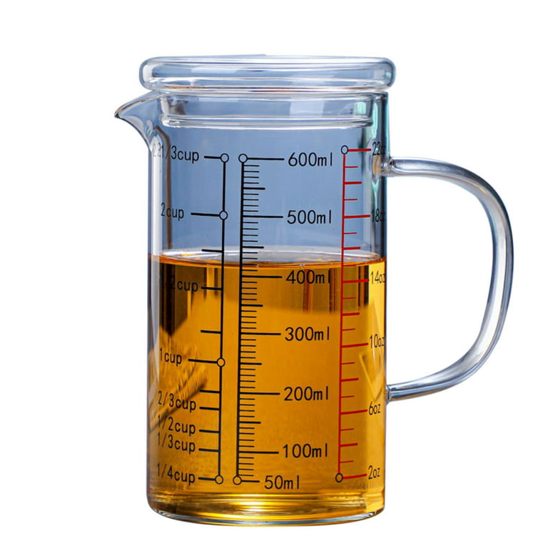 Glass Measuring Cup with Lid Handle, Borosilicate V-Shaped Spout Microwave Safe Kitchen Mixing Accessories 3 Measurement Scales Cup, mL, oz Easy