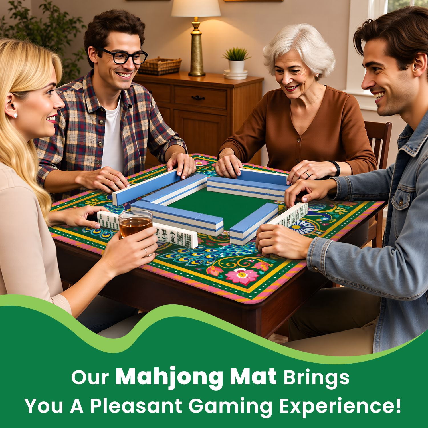 Mahjong Mat 31.5" x 31.5" Abstract Floral Peacock Motifs Vibrant Colors Non-Slip Noise Reduction Mahjong Tiles Table Cover for Dominoes Poker Card Board and Tile Games