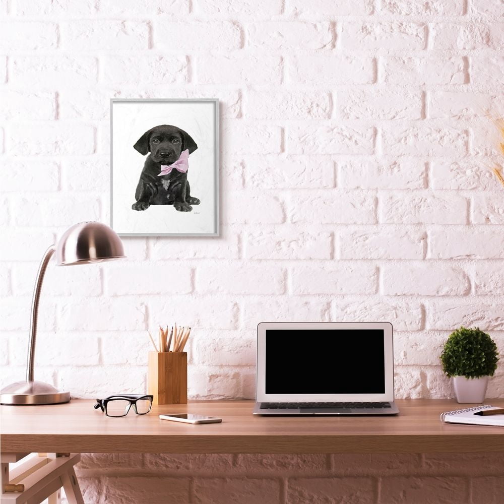 Stupell Industries Black Puppy Pink Bow Cute Pet Dog Watercolor Framed Wall Art by Amanda Greenwood