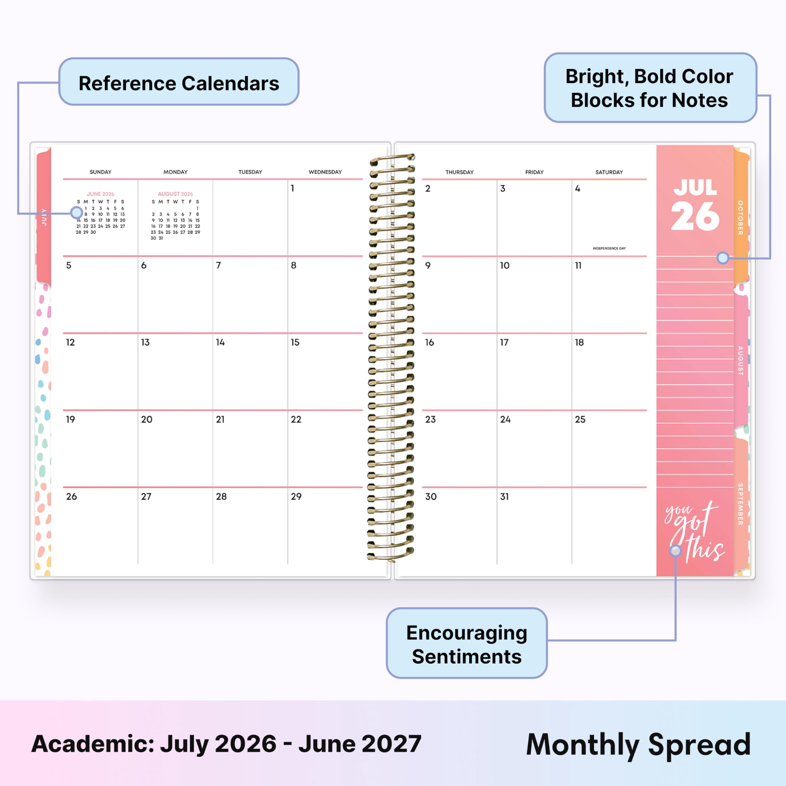 Blue Sky Livewell 2026-2027 Weekly and Monthly Academic Year Planner Calendar, July 2026 - June 2027, 7" x 9", Flexible Cover, Wirebound, Colorful Interior, Storage Pocket, Includes Stickers, Charmie
