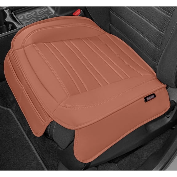 Motor Trend Faux Leather Single Front Car Seat Cover, With Storage Pockets, Bottom Cushion Auto Protector, Universal for Car Truck SUV Van, Brown